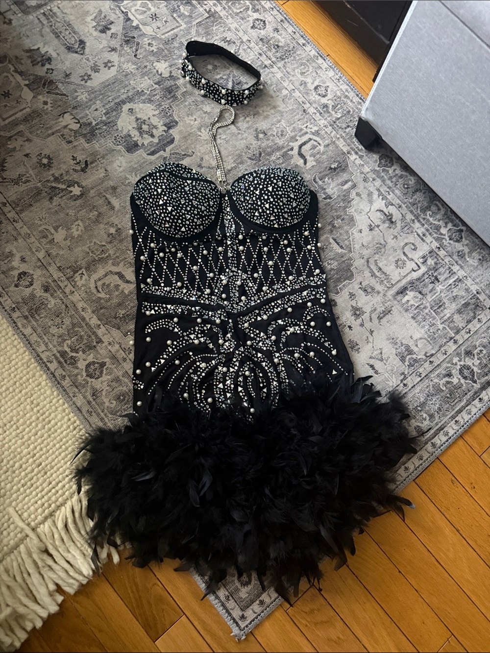 Black Embellished Feather Hem Bustier Dress